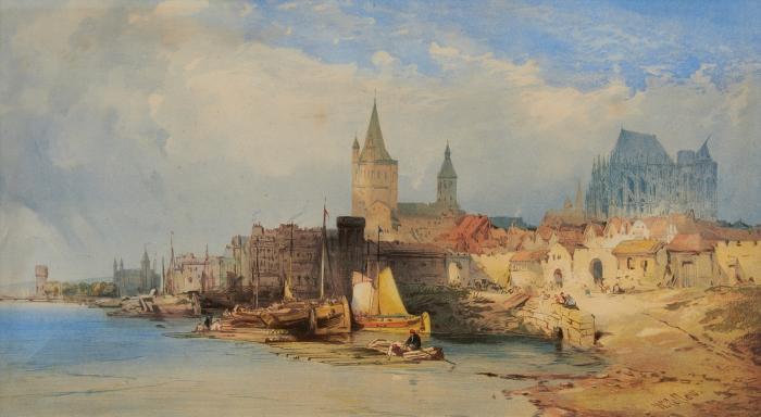 Köln. - Rheinansicht von Norden mit unvollendetem Dom und Groß St. Martin.