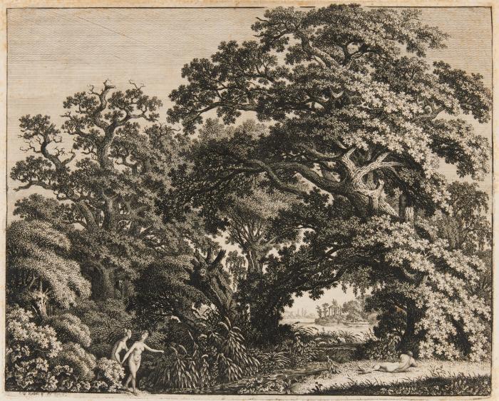 Landschaft mit Eiche, Trauerweide, Haus und Frau mit hoher Kiepe. / Üppiges Eichenwaldstück mit zwei nackten Mädchen und Jüngling.