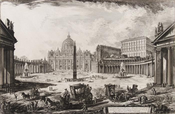 Veduta della gran Piazza e Basilica di S. Pietro situata ove erano anticamente il Circo e gl' Orti di Cajo e Nerone nella Valle Vaticano (Petersplatz mit Petersdom).