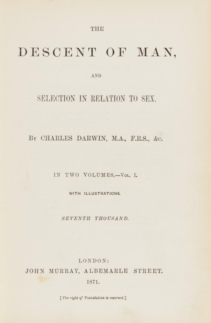 The Descent of Man and Selection in Relation to Sex. 2 Bde. (Seventh/Eighth thousand).