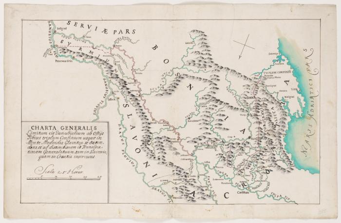 Grenzverlauf nach dem Frieden von Karlowitz 1699. Manuskriptkarte, vor 1703. Feder u. Aquarell auf Bütten..