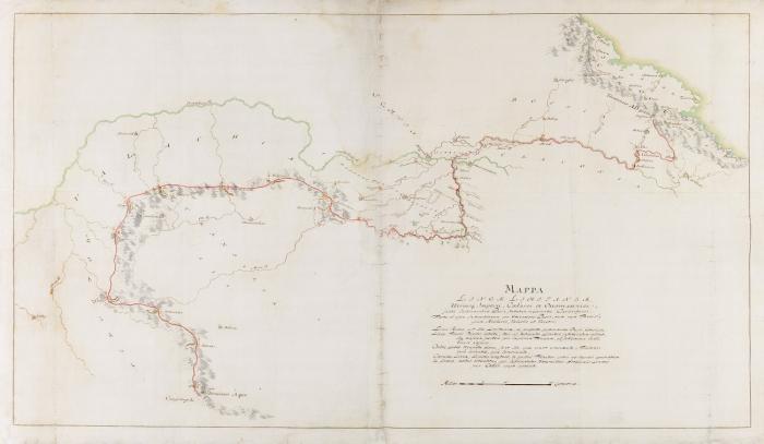 Grenzverlauf zwischen Österreich und dem Osmanischen Reich.1699. Manuskriptkarte. um 1703. Feder u. Aquarell auf Papier.