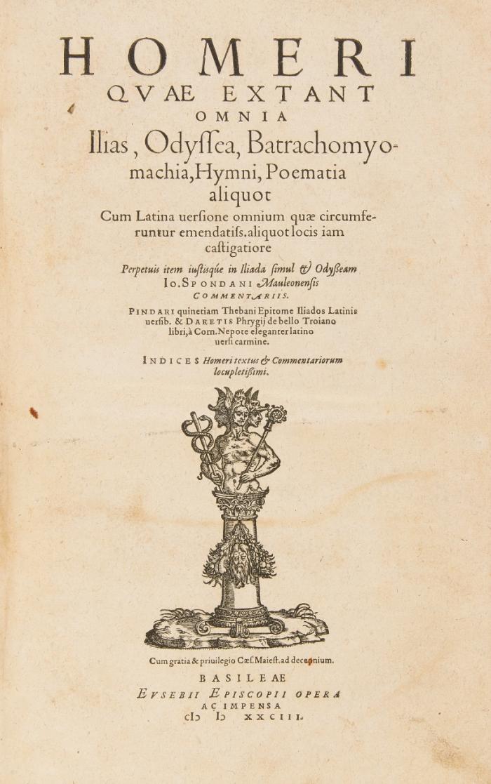 Qvae extant omnia. Ilias, Odyssea, Batrachomyomachia, Hymni, Poematia aliquot cum latina uersione... Io. Spondani.