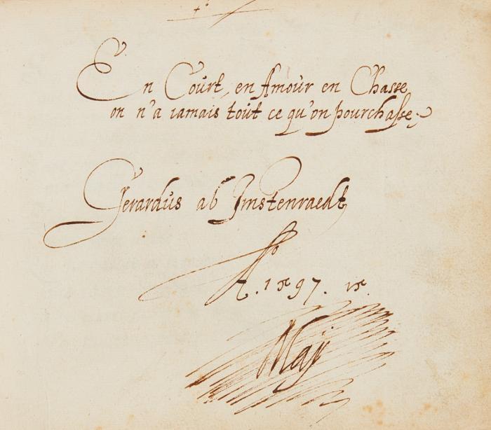 Album mit Chansons, Epigrammen und geistlichen Liedern in der Art eines Album amicorum, möglicherweise geschrieben von für Gerardus ab Imstenraedt, dat. 1597-1600.
Handschrift mit Beiträgen verschiedener, teils mit Monogrammen bezeichneter Personen in vorwiegend französischer, auch italienischer, niederländischer, spanischer und niederdeutscher Sprache.