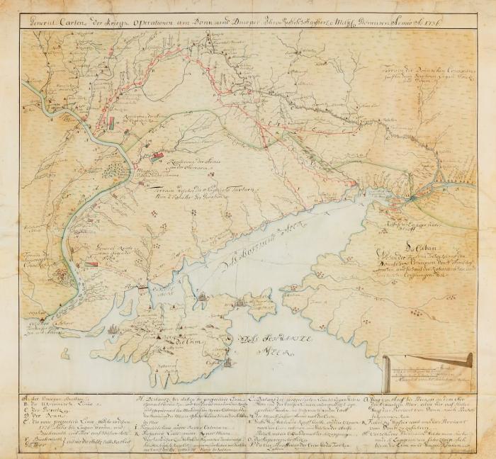 Generalkarte der Kriegsoperationen am Don und Dnjepr 1736. Manuskriptkarte. Feder u. Aquarell.