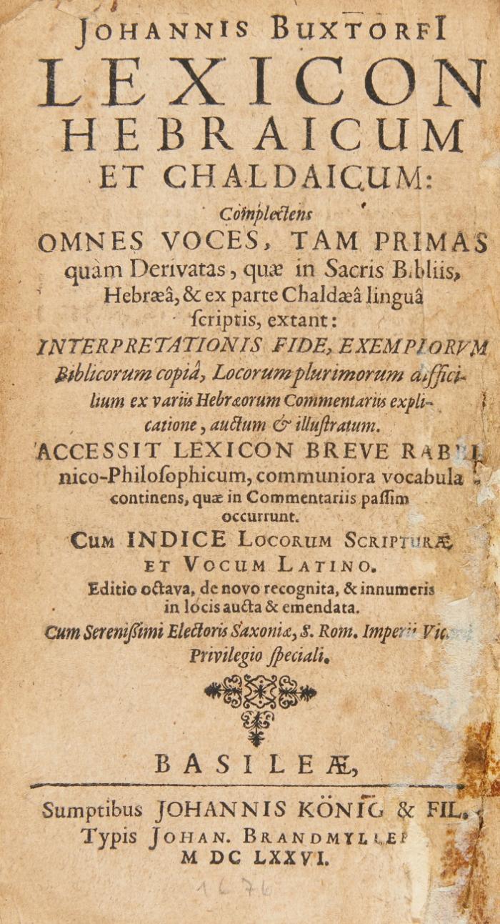 Lexicon hebraicum et chaldaicum: Complectens omnes voces, tam primas quàm derivatas ...  Accessit lexicon breve Rabbinico-Philosophicum : communiora vocabula continens, quae in Commentariis passim occurrunt. Cim indice locorum scripturae et vocum Latino.