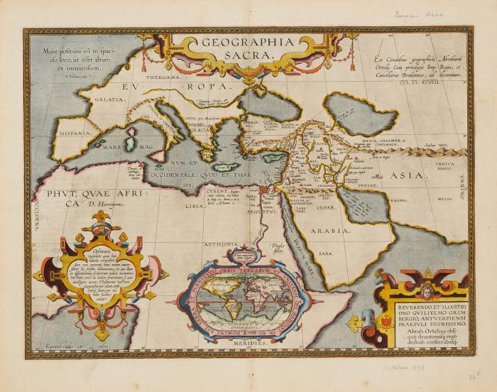 Antike Welt. Geographia Sacra, die biblischen Lande, Mittelmeerländer und Nordafrika; mit kleiner Weltkarte in Kartusche.