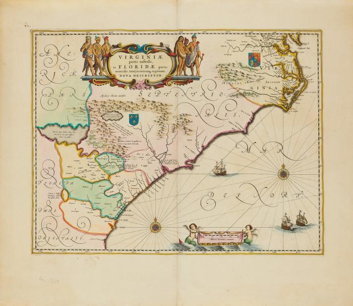 Nordamerika. Virginiae partis australis, et Floridae partis orientalis, interjacentiumque regionum nova descriptio, mit der Ostküste südlich der Chesapeake Bay.