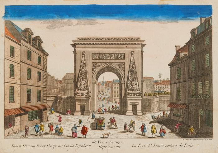 Paris. Guckkastenbilder. - Vue de Notre-Dame prise du bord de l'eau / La Place royale à Paris / 66e Vue d'Optique representant La porte St. Antoine entrant dans Paris / 68e Vue d'Optique representant La porte St. Denis sortant de Paris.