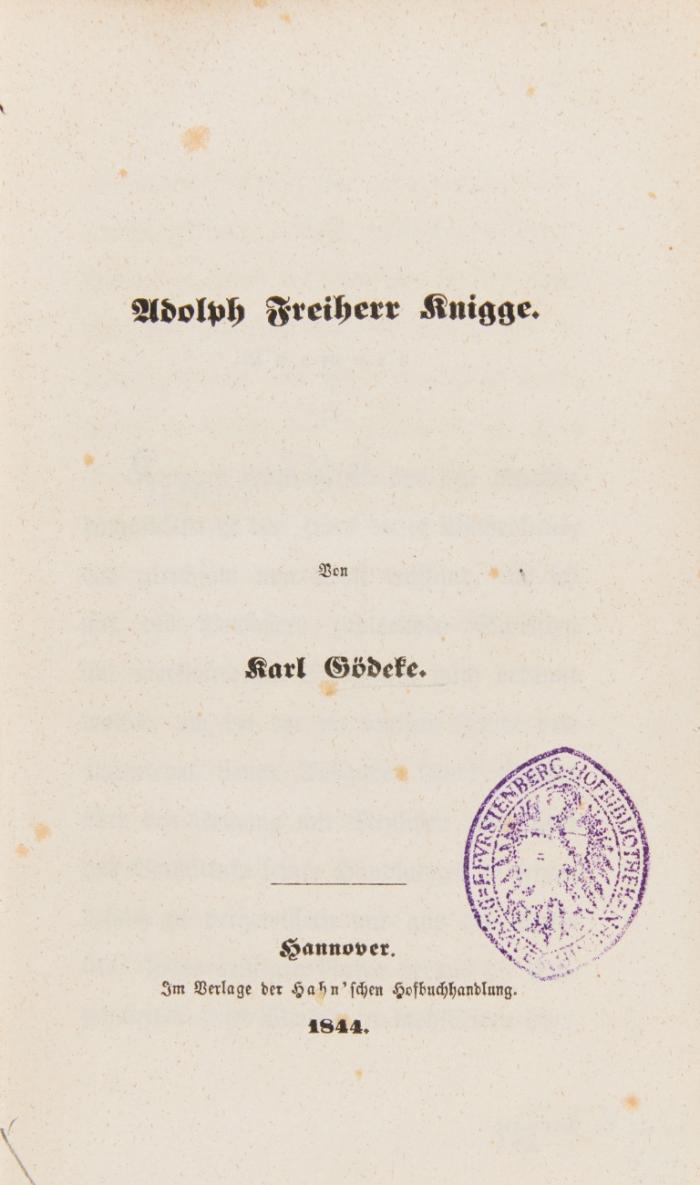 Adolph Freiherr Knigge. (Einband: Knigges Leben und Schriften).