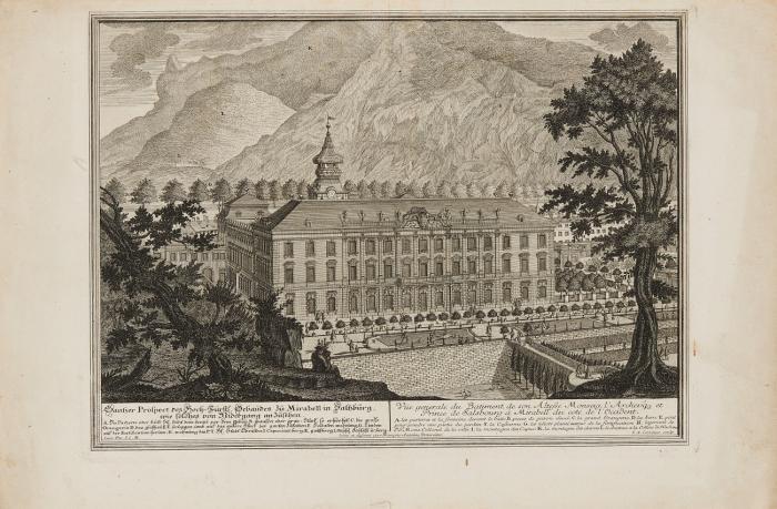 Salzburg / Wien. Schloss Mirabell. Gantzer Prospect des Hoch=Fürstl. Gebäudes zu Mirabell in Saltzburg ... (2 verschiedene Ansichten) / Schloss Kaiserebersdorf. Prospect ... Lust= und Jagt=Schloß Ebersdorff ohnweit Wien.