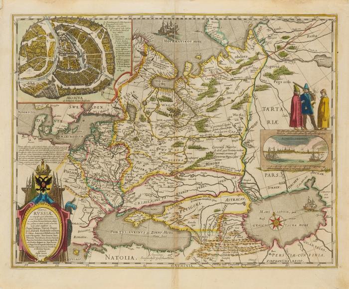 Russland. Tabula Russiae, mit Trachtenfigurinen sowie Plan von Moskau und Ansicht von Archangelsk.