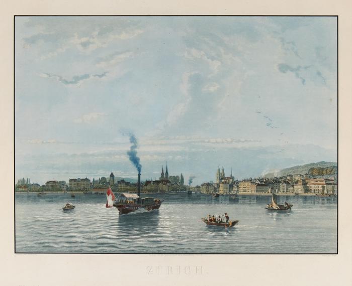 Zürich. Zurich, Ansicht vom Zürichsee aus, mit Dampfer.
