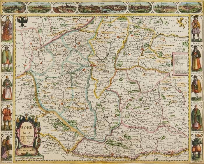 Böhmen. Bohemia, in den Randbordüren 7 Stadtansichten und 10 Trachtendarstellungen.
