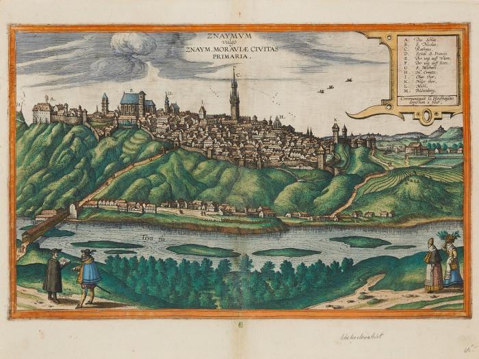 Tschechien. Znaim (Znojmo). Znaymum vulgo Znaym, Moraviae Civitatis Primaria, Gesamtansicht über die Thaya mit Personenstaffage.