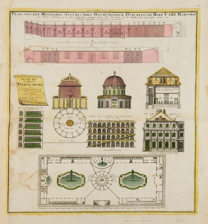 Karlsruhe. - Feuille II. de du Plan de Carolsruhe ...Plan von der Menagerie, welches Ihro Hochfürstlich Durchleucht Herr Carl Marggraf von Baden-Durlach pp. in dero Lustgarten gebauet haben, Plan der Menagerie im Karlsruher Schloss, mit Aufrissen und Querschnitten.