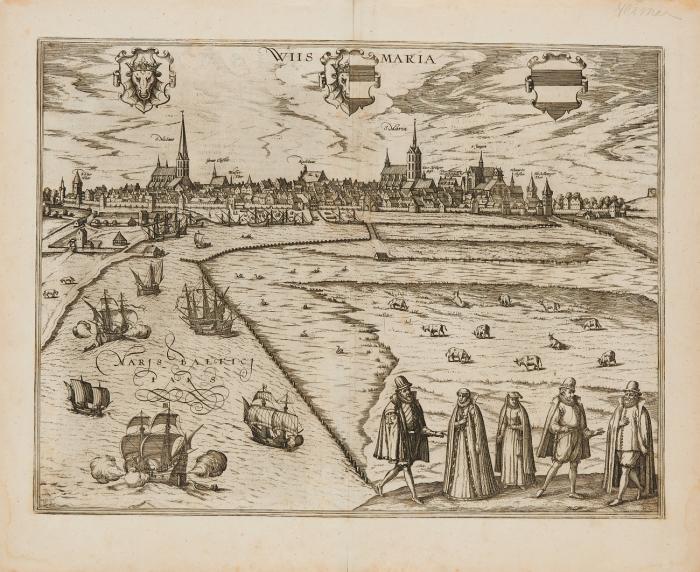 Mecklenburg. Rostock / Wismar. Rostochium Urbs Vandalica Anseatica et Megapolitana / Wiismaria, 2 Gesamtansichten mit Personenstaffage.