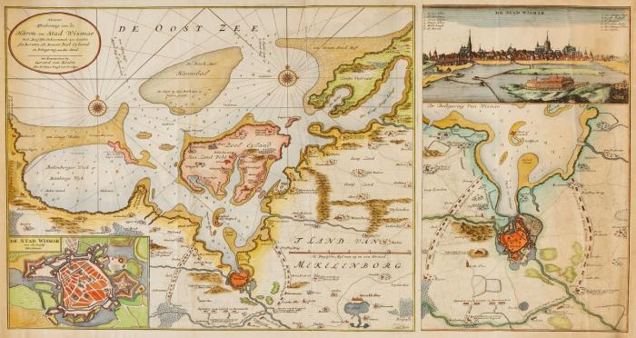 Wismar. - Nieuwe Afteekening van de haven en stad Wismar, met desselfs inkoomende zee gaaten .... Seekarte mit Inset-Plan, Ansicht und Umgebungskarte mit der Belagerung von 1715/16 während des Großen Nordischen Kriegs.