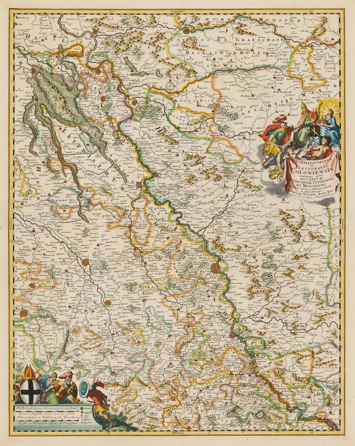 Erzbistum Köln. - Archiepiscopatus et electoratus Coloniensis maximaeque partis ducatuum Juliacensis Cliviensis et Montensis ,mit 2 figürlichen Titelkartuschen und Meilenanzeiger.