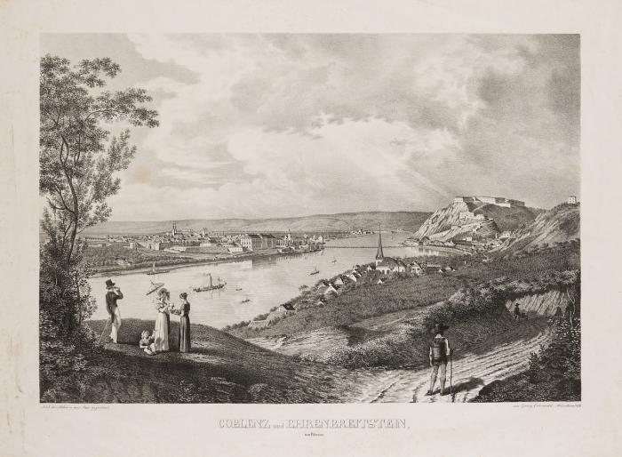 Koblenz und Ehrenbreitstein. - Coblenz und Ehrenbreitstein am Rheine. - Panorama-Ansicht mit Weinbergen und Staffage.