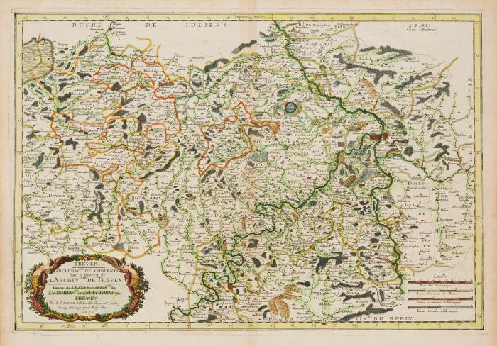 Trier. Treveri Archidiac.ne de Coblents dans le Dioecese de L'Archev.che de Treves, mit dem Mosellauf von Neumagen bis zur Mündung, der Eifel bis Monschau und dem Hunsrück.