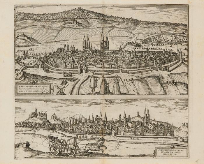 Halberstadt / Quedlinburg. Halberstadium / Quedlinburga, antiquissimum Saxoniae oppid:., 2 Gesamtansichten mit Figurenstaffage, auf 1 Blatt.