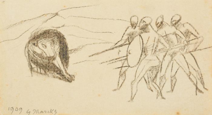 KAMPF MIT DEM LÖWEN 1909 / BEWEGUNGSSTUDIE 1914 / LIEGENDER 1922 / BAUERNPAAR MIT KUH 1922 / SITZENDES PAAR
