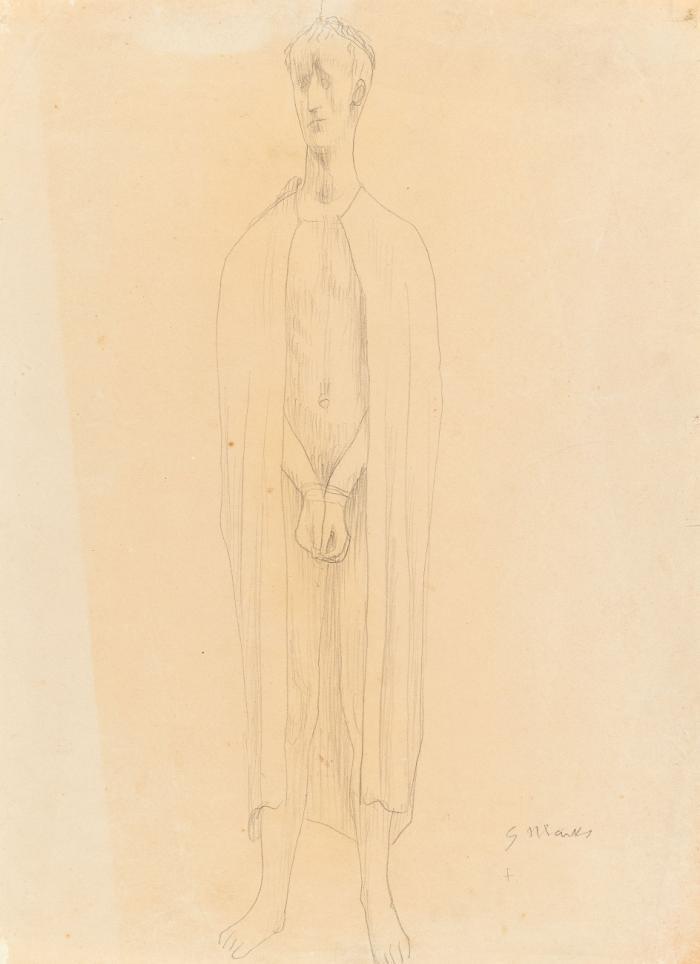 FRONTAL STEHENDE MÄNNLICHE FIGUR IM UMHANG, DIE HÄNDE GEFESSELT