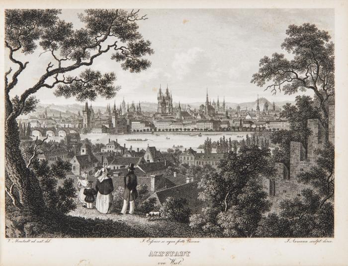 Prag im neunzehnten Jahrhundert. Album mit gest. Titel und 20 Stahstichansichten nach V. Morstadt (19) u. Kroll, gest. von Winkles, Geissler u.a.