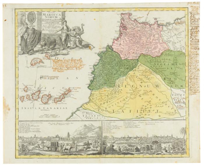 Marokko. - Statuum Marocca Norum, Regnorum nempe Fessani Maroccani, Tafiletani et Segelomessani secundum suas Provincias accurate divisorum..., mit den kanarischen Inseln, Madeira und Stadtansichten von Marrakesch und Meknès sowie figürlicher Kartusche,