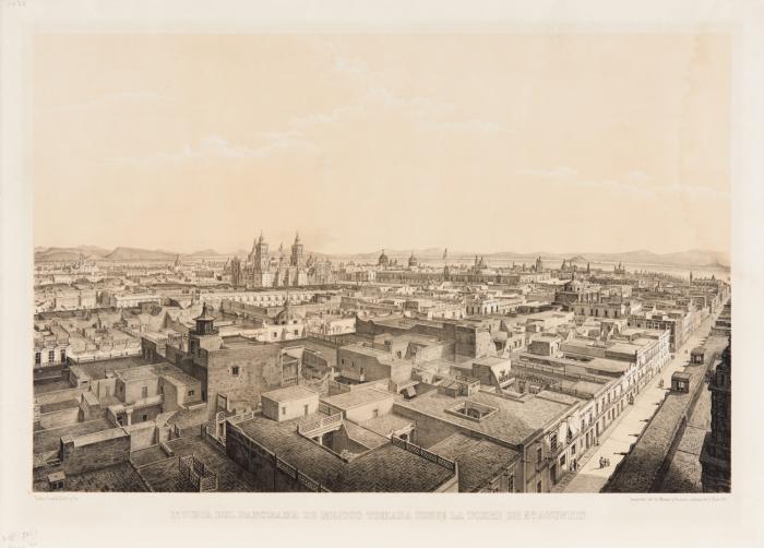 Mexico City. - 1a. Vista del Panorama de Mejico tomada desde la Torre de Sn. Augustin, Gesamtansicht vom Turm von St. Augustin aus gesehen mit der Kathedrale in der linken Bildhälfte. Um 1840-45.
