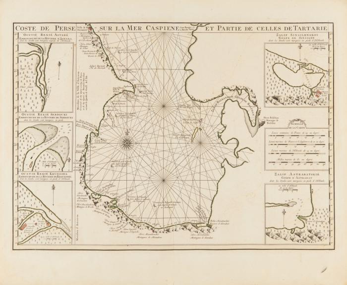Persien / Kaukasus / Kaspisches Meer. Nova et accurata Imperii Persici delineato, mit dem Kaspischen Meer / Carte des Pays voisins de la Mer Caspiene, der Kaukasus mit dem Kaspischen Meer / Coste de Perse sur la Mar Caspiene et Partie de Celles de Tartarie, der südliche Teil des Kaspischen Meers mit fünf Teilkarten.