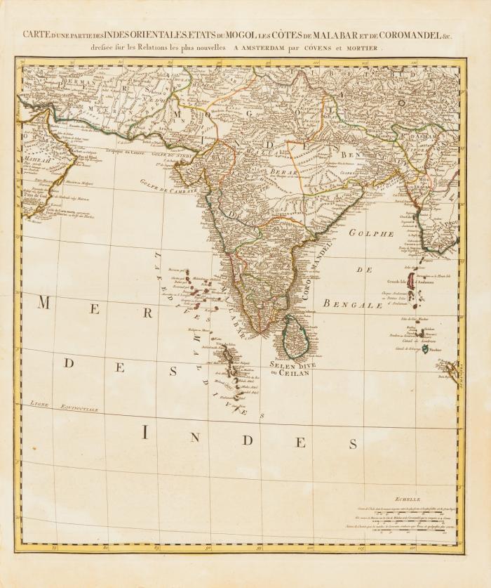 Süd- und Südostasien / Asien. 6 kolorierte Kupferstichkarten von G. de l'Isle, bei J. Covens & C. Mortier, um 1730, bzw. bei Covens & Mortier. Blattgröße je ca. 55 x 66 cm bzw. 64 x 66 cm, Hoch- und Querformate.
