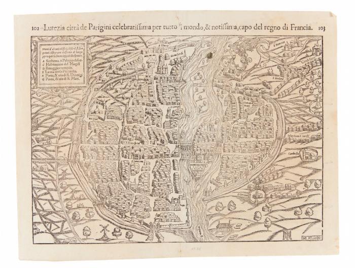 Paris. Lutezia città de Parigini celebratissima per tutto 'l mondo, & notissima, capo del regno Francial, Gesamtansicht aus der Vogelschau.