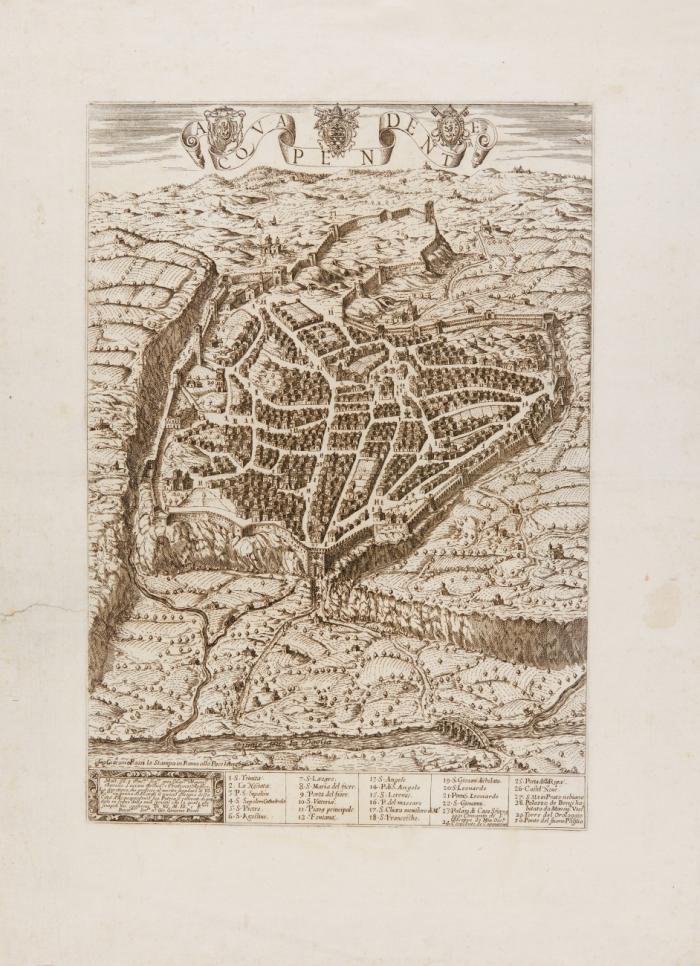 Acquapendente. Acquapendente, Ansicht aus der Vogelschau mit Legende.Um 1650-90.