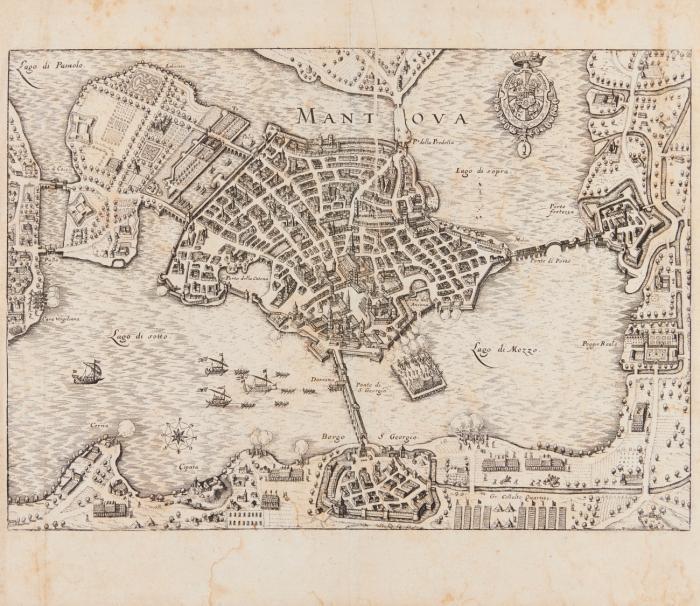 Mantua. Mantova, Gesamtansicht aus der Vogelschau.