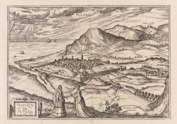 (Italien) Pesaro. Pisaurum vulgo Pezaro, Gesamtansicht aus der halben Vogelschau, mit Figurenstaffage.