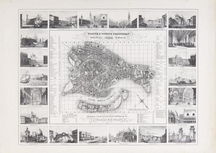 Venedig. - Pianta e vedute principali della Regia Cittá di Venezia, Plan (34 x 42,5 cm) mit Legende und 22 Randansichten (6,1 x 10 cm) u.a. vom Markusplatz, Canale Grande, der Rialtobücke, 