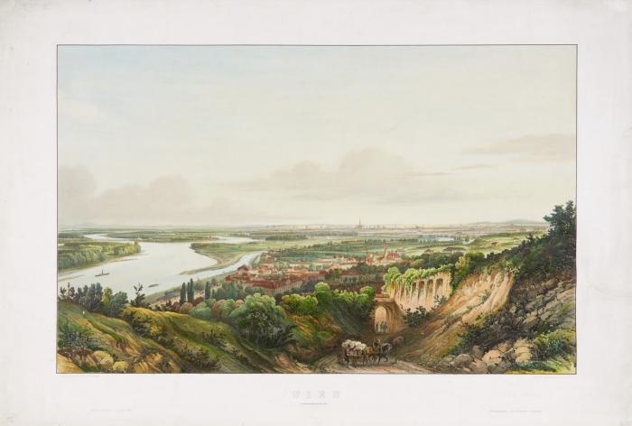 Wien. - Wien von den Anhöhen bei Nussdorf, weiter Blick auf die Stadt mit Pferdefuhrwerk im Vordergrund. Um 1820-30.