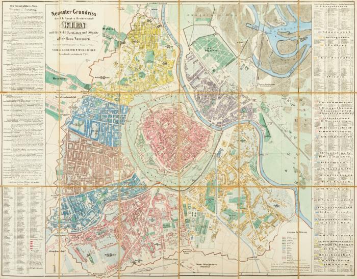 Wien. - Plan von Wien und dessen Vorstädten, Mit Angabe aller Haus-Nummern. 1839. mit umfangreicher Legende und Strassenverzeichnis. / Neuester Grundriss der kk. Haupt- und Residenzstadt Wien mit ihren 34 Vorstädten und Angabe aller Haus-Nummern. Um 1862.