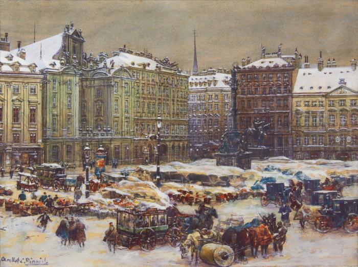 Wien. - Am Hof, Blick auf Zeughaus und Mariensäule, mit winterlichem Marktreiben.