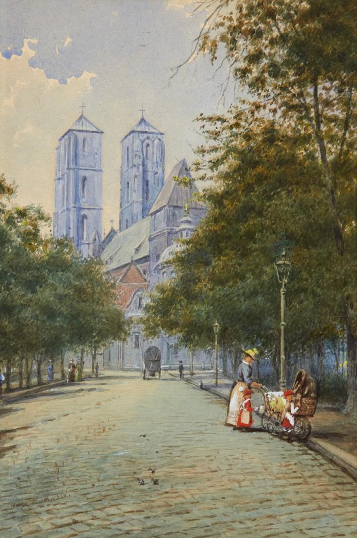 Breslau. - Breslauer Dom, mit Figurenstaffage, Kindermädchen mit 2 kleinen Mädchen und Kinderwagen beim Überqueren einer Kopfsteinpflasterstrasse.