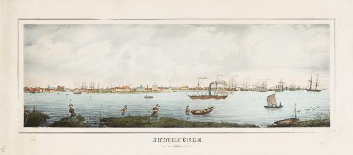 Swinoujscie. - Swinemünde von der Südwest Seite. Panorama-Ansicht mit Fischern im Vordergrund, Raddampfer und zahlreichen Segelschiffen im Hafen.