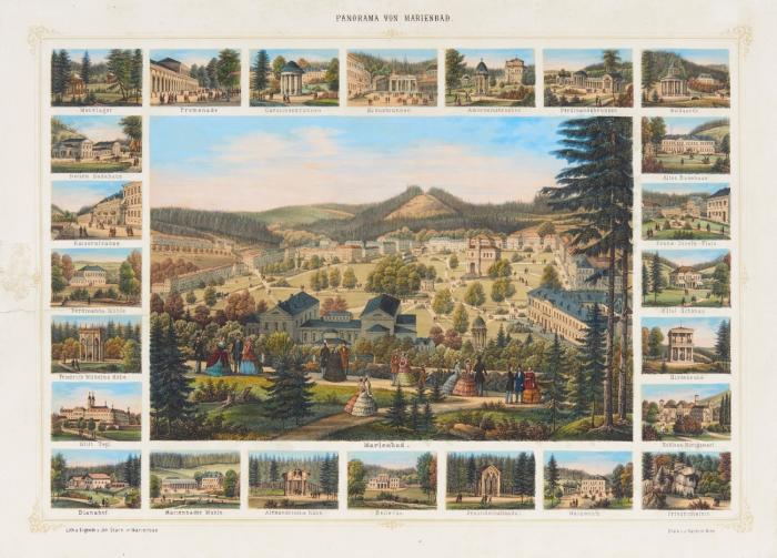 Marianske Lazne. - Panorama von Marienbad, Gesamtansicht mit Kurgästen im Vordergrund und 24 Randansichten.