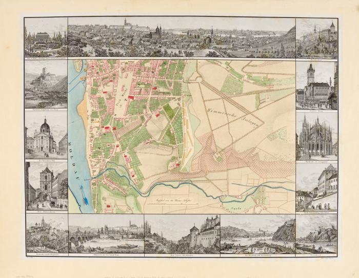 Prag. - Kolorierter Plan des südöstlichen Teils von Prag mit einem Teil der Neustadt, umrahmt von 14 Randansichten auf dünnem China aufgewalzt, darunter eine große Panorama-Ansicht von Prag, Hradschin, Pulverturm, Palais Schwarzenberg u.a. Um 1840.