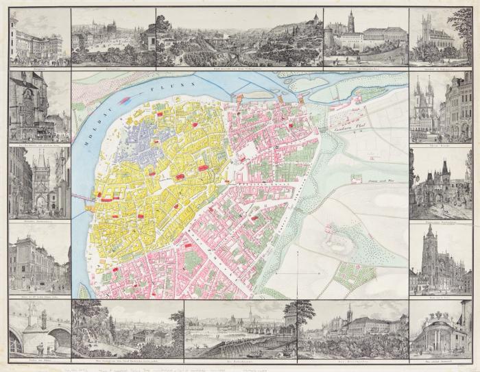 Prag. - Kolorierter Plan des nordöstlichen Teils von Prag mit einem Teil der Neustadt, umrahmt von 16 Randansichten auf dünnem China aufgewalzt, darunter eine große Panorama-Ansicht aus dem Volksgarten, Burgplatz, Rossmarkt, Hirschgraben u.a. Um 1840.