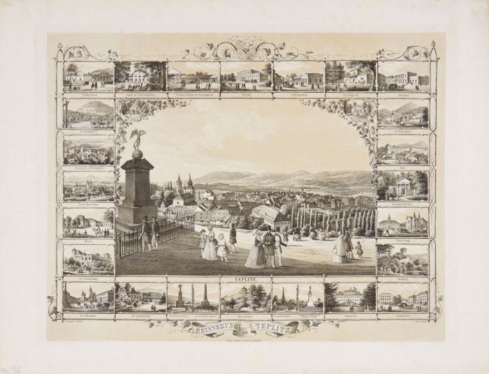 Teplice. - Erinnerungen an Teplitz. Gesamtansicht (ca. 24 x 36,5 cm) mit 24 Randansichten von Gebäuden und Plätzen in Teplice und der Umgebung. Um 1860.