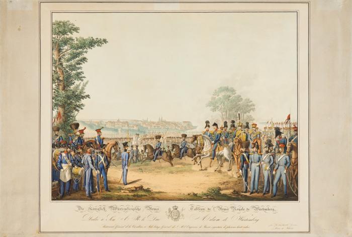 Ludwigsburg. -  Die Königlich Würtembergische Armee. Tableau de l'Armée Royale de Würtemberg, Militärparade vor dem Stadtpanorama von Ludwigsburg. Um 1830.