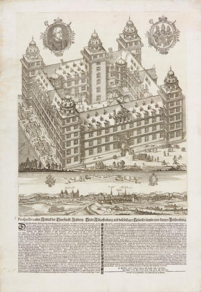 Aschaffenburg. - Prospectiva oder Anblick der Churfürstl. Residentz=Stadt Aschaffenburg und daselbstigen Schlosses sambt einer kurzen Beschreibung, Ansicht des Schlosses in halber Vogelperspektive über Gesamtansicht von Aschaffenburg; darunter zweispaltiger Text in Typendruck, Mainz im St. Rochus Hospital. 1749.