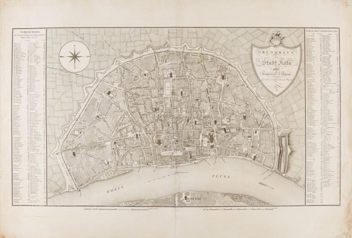 Köln. - Grundriss der Stadt Köln 1815, Plan der Stadt mit Straßenverzeichnis in den Randleisten.